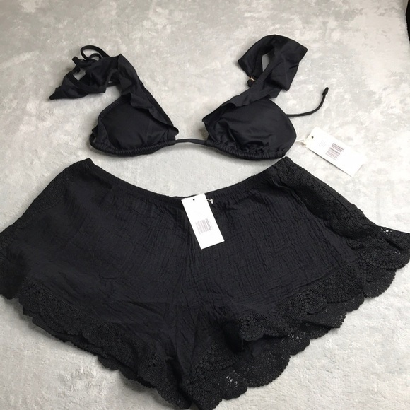 Eberjey Ruffed Bikini Top and Black Lace Cover Up Shorts  New with tags - Picture 1 of 10